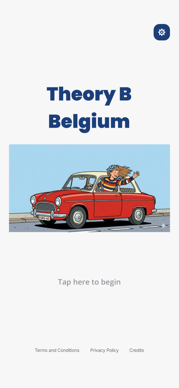 Theory B app home screen with previews of Learn, Exam, Games and Profile